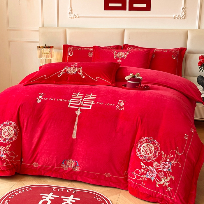 91家纺网 家纺一手货源 找家纺 富之雅婚庆 2025新款高克重全工艺牛奶绒宝宝绒刺绣婚庆四件套 缘定三生（宝宝绒）