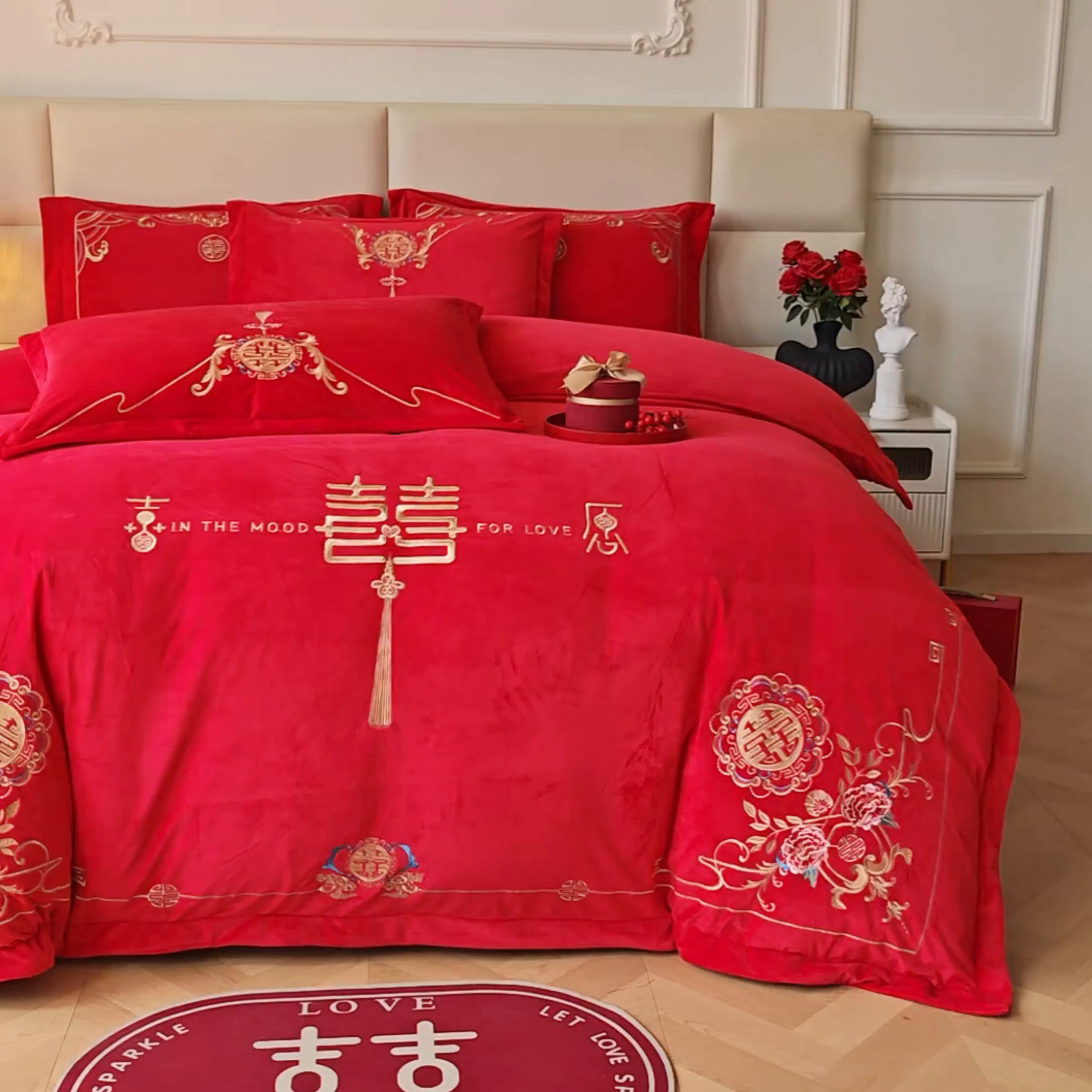 91家纺网 家纺一手货源 找家纺 富之雅婚庆 2025新款高克重全工艺牛奶绒宝宝绒刺绣婚庆四件套 缘定三生（宝宝绒）