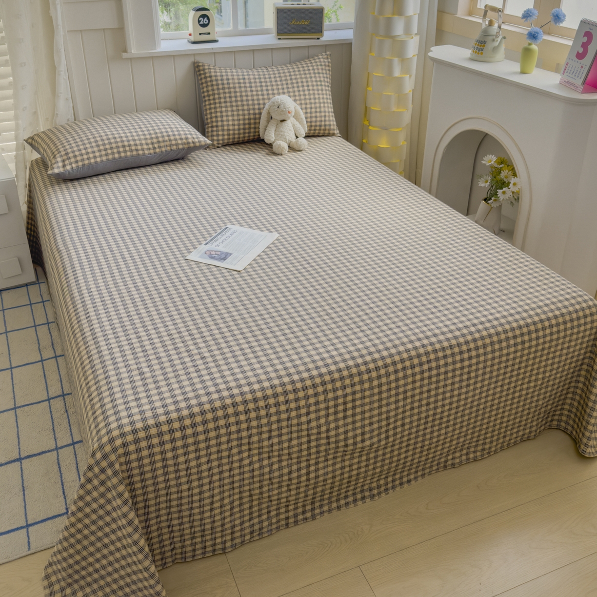 91家纺网 家纺一手货源 找家纺 （总）宜家坊 2025新款A类色织全棉水洗棉床单单件纯棉格子纯色学生宿舍定制定做