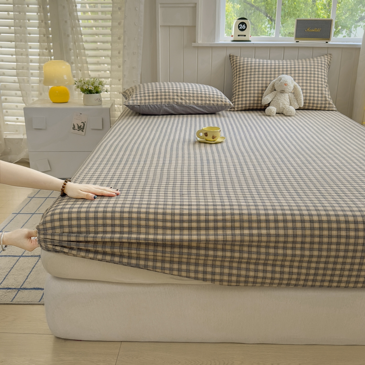 91家纺网 家纺一手货源 找家纺 （总）宜家坊 2025新款A类色织全棉水洗棉床单单件纯棉格子纯色学生宿舍定制定做