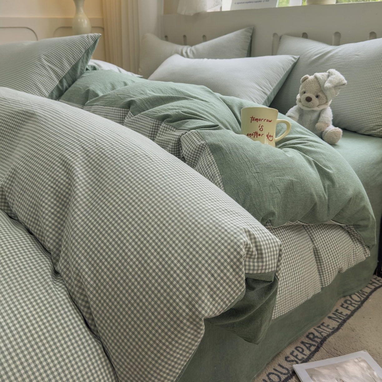 91家纺网 家纺一手货源 找家纺 （总）宜家坊 2025新款A类全棉色织水洗棉四件套纯棉格子纯色被套学生宿舍三件套定制定做