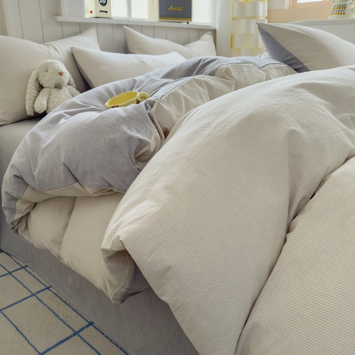 91家纺网 家纺一手货源 找家纺 （总）宜家坊 2025新款A类全棉色织水洗棉四件套纯棉格子纯色被套学生宿舍三件套定制定做