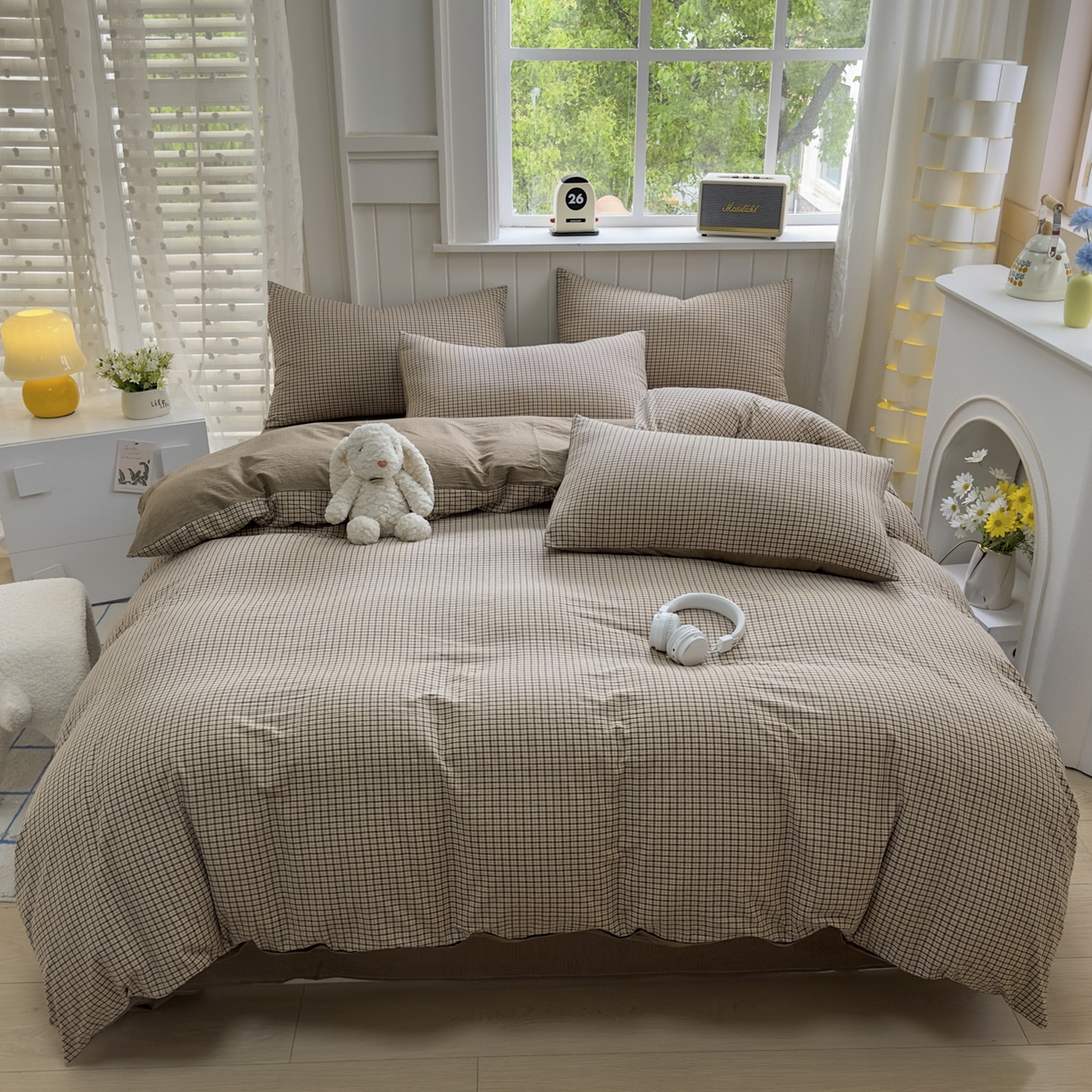 91家纺网 家纺一手货源 找家纺 宜家坊 2025新款A类全棉色织水洗棉四件套纯棉格子纯色被套学生宿舍三件套定制定做 沐风-米咖