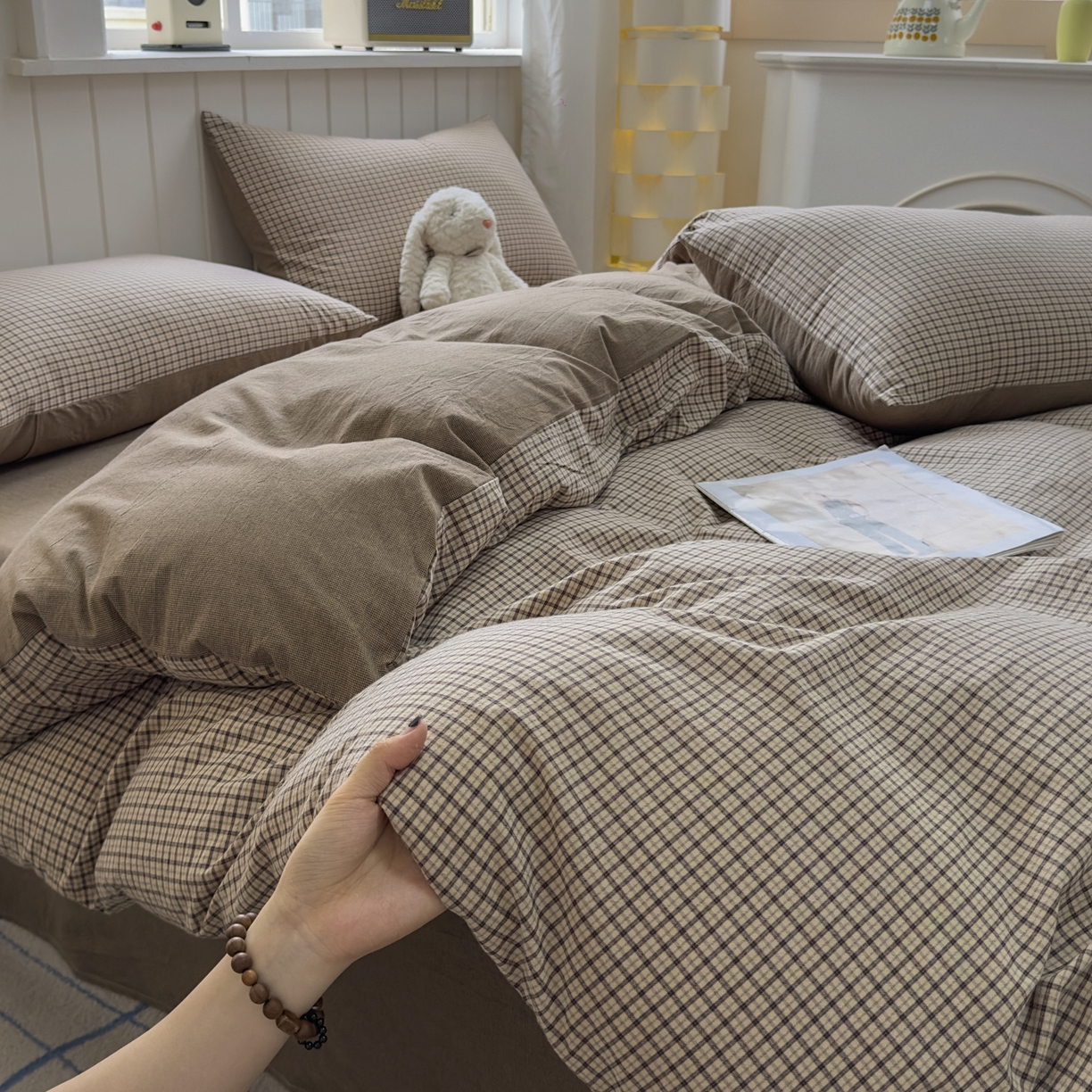 91家纺网 家纺一手货源 找家纺 宜家坊 2025新款A类全棉色织水洗棉四件套纯棉格子纯色被套学生宿舍三件套定制定做 沐风-米咖