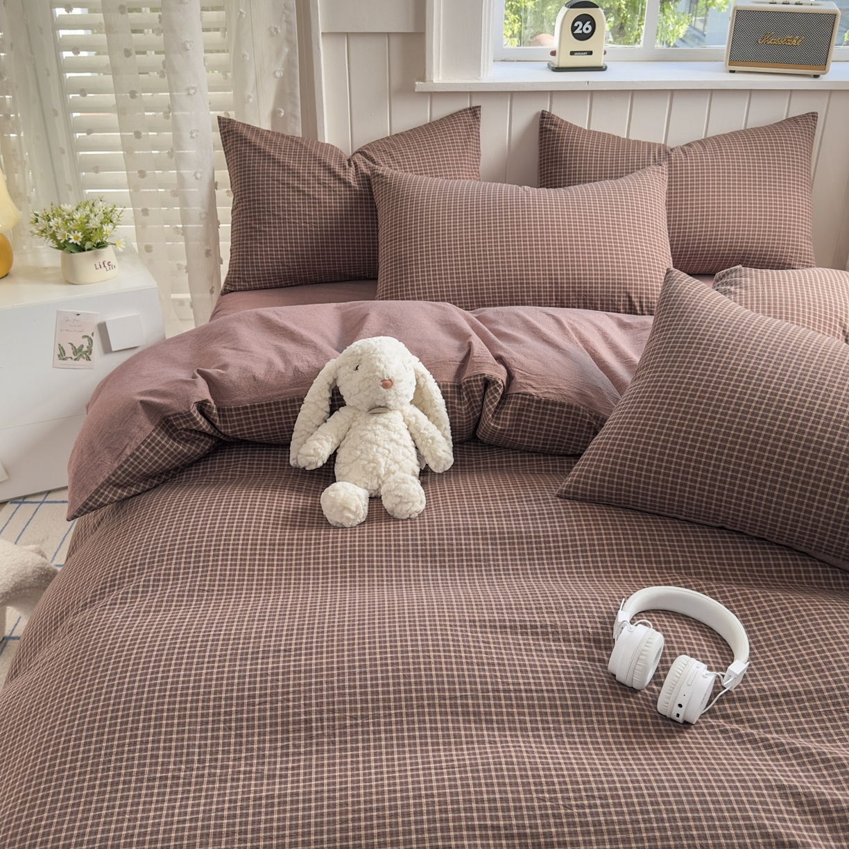 91家纺网 家纺一手货源 找家纺 宜家坊 2025新款A类全棉色织水洗棉四件套纯棉格子纯色被套学生宿舍三件套定制定做 沐风-焦糖