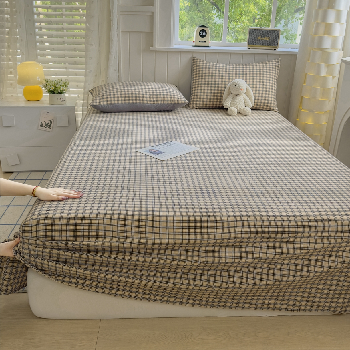 91家纺网 家纺一手货源 找家纺 宜家坊 2025新款A类色织全棉水洗棉床单单件纯棉格子纯色学生宿舍定制定做 春野-咖灰