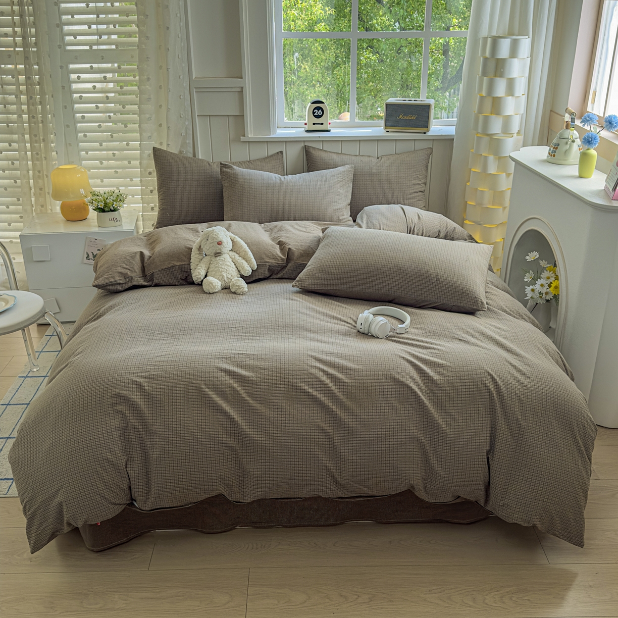 91家纺网 家纺一手货源 找家纺 宜家坊 2025新款A类全棉色织水洗棉四件套纯棉格子纯色被套学生宿舍三件套定制定做 沐风-兰咖