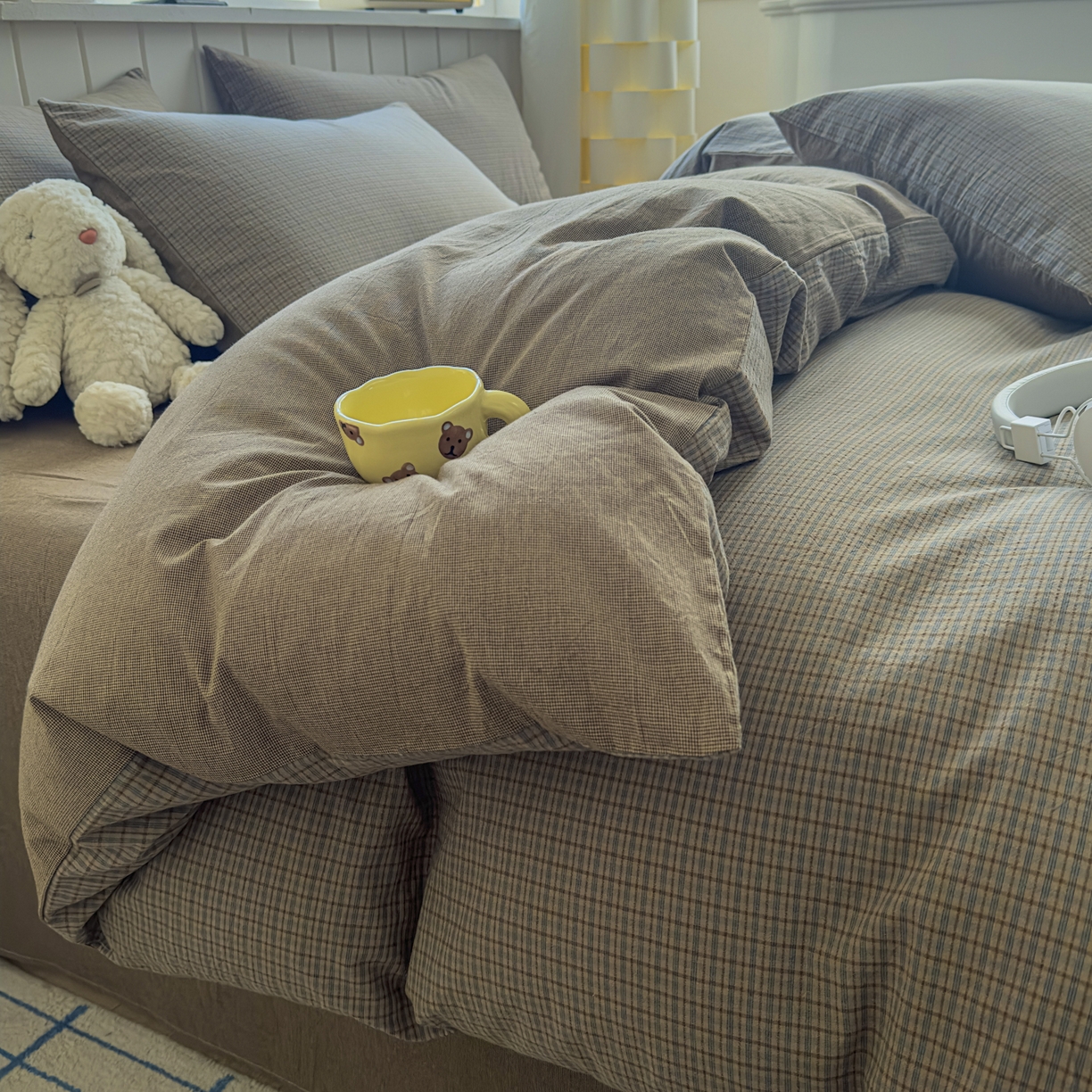 91家纺网 家纺一手货源 找家纺 宜家坊 2025新款A类全棉色织水洗棉四件套纯棉格子纯色被套学生宿舍三件套定制定做 沐风-兰咖