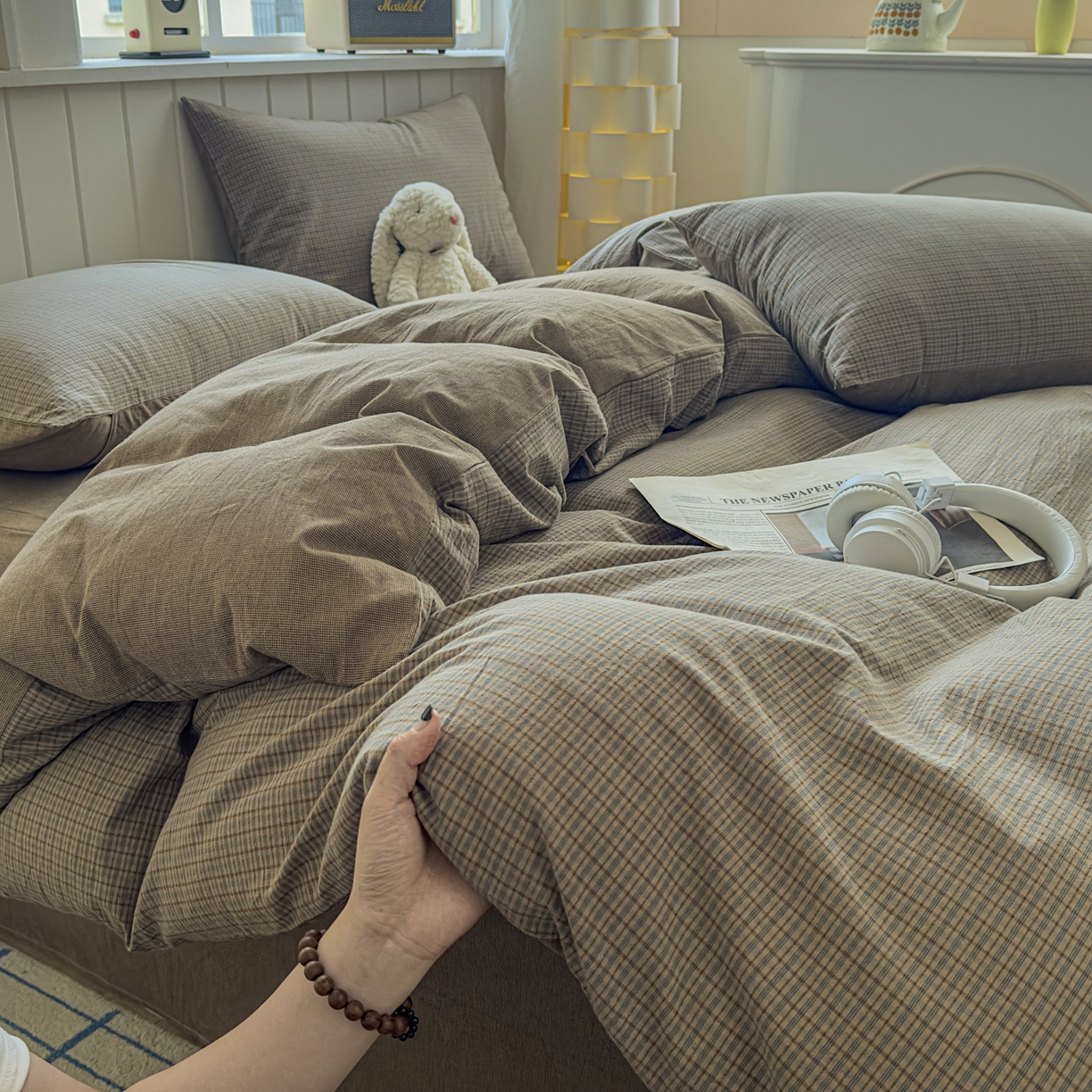 91家纺网 家纺一手货源 找家纺 宜家坊 2025新款A类全棉色织水洗棉四件套纯棉格子纯色被套学生宿舍三件套定制定做 沐风-兰咖