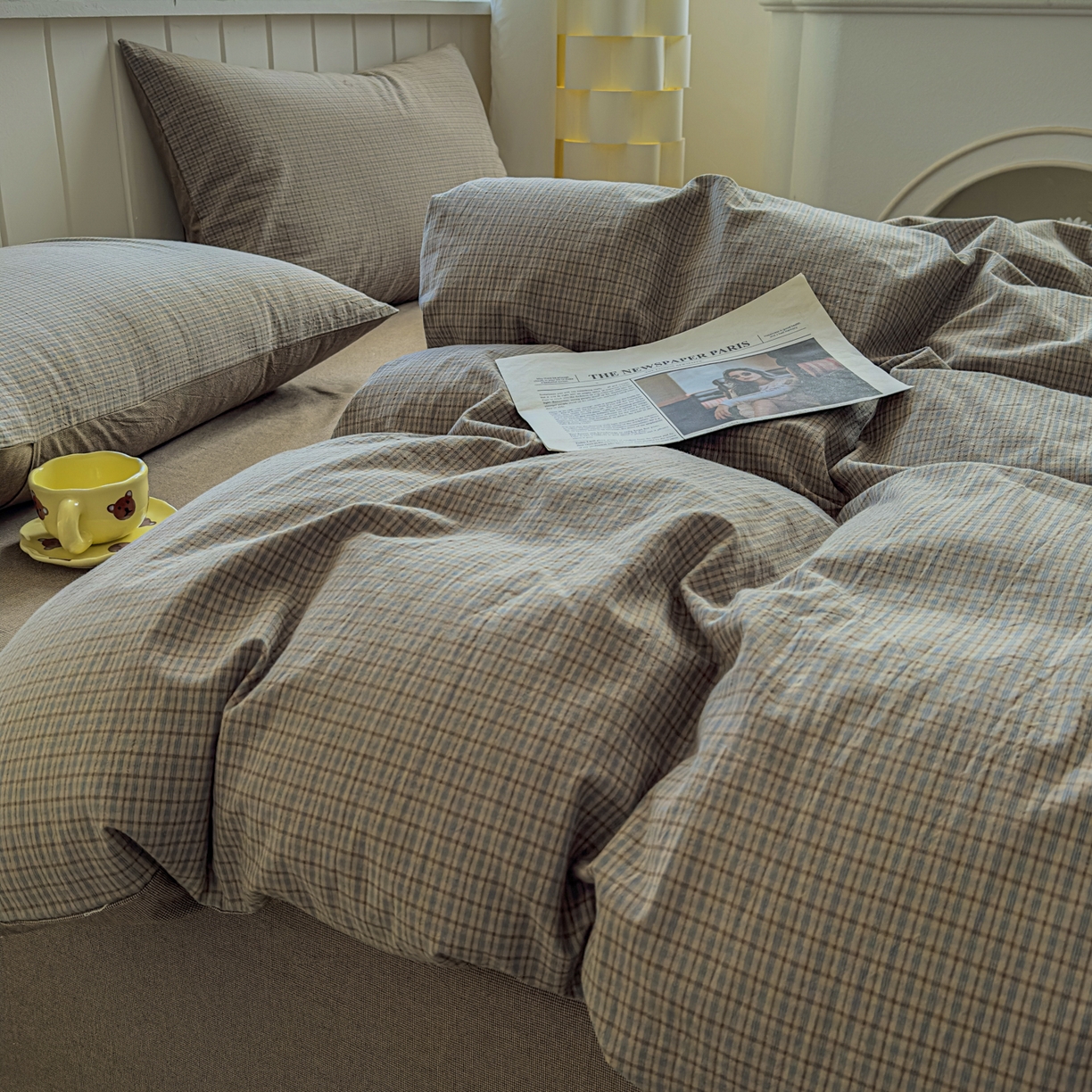 91家纺网 家纺一手货源 找家纺 宜家坊 2025新款A类全棉色织水洗棉四件套纯棉格子纯色被套学生宿舍三件套定制定做 沐风-兰咖