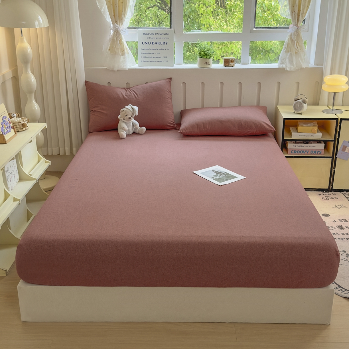 91家纺网 家纺一手货源 找家纺 宜家坊 2025新款A类色织全棉水洗棉床单单件纯棉格子纯色学生宿舍定制定做 纯棉素-红