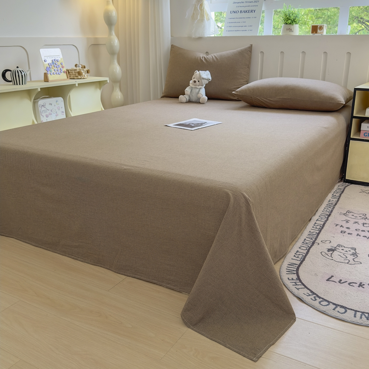 91家纺网 家纺一手货源 找家纺 宜家坊 2025新款A类色织全棉水洗棉床单单件纯棉格子纯色学生宿舍定制定做 纯棉素-咖