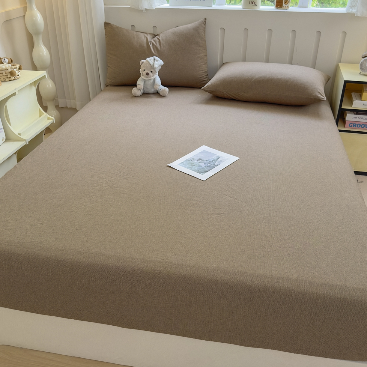 91家纺网 家纺一手货源 找家纺 宜家坊 2025新款A类色织全棉水洗棉床单单件纯棉格子纯色学生宿舍定制定做 纯棉素-咖