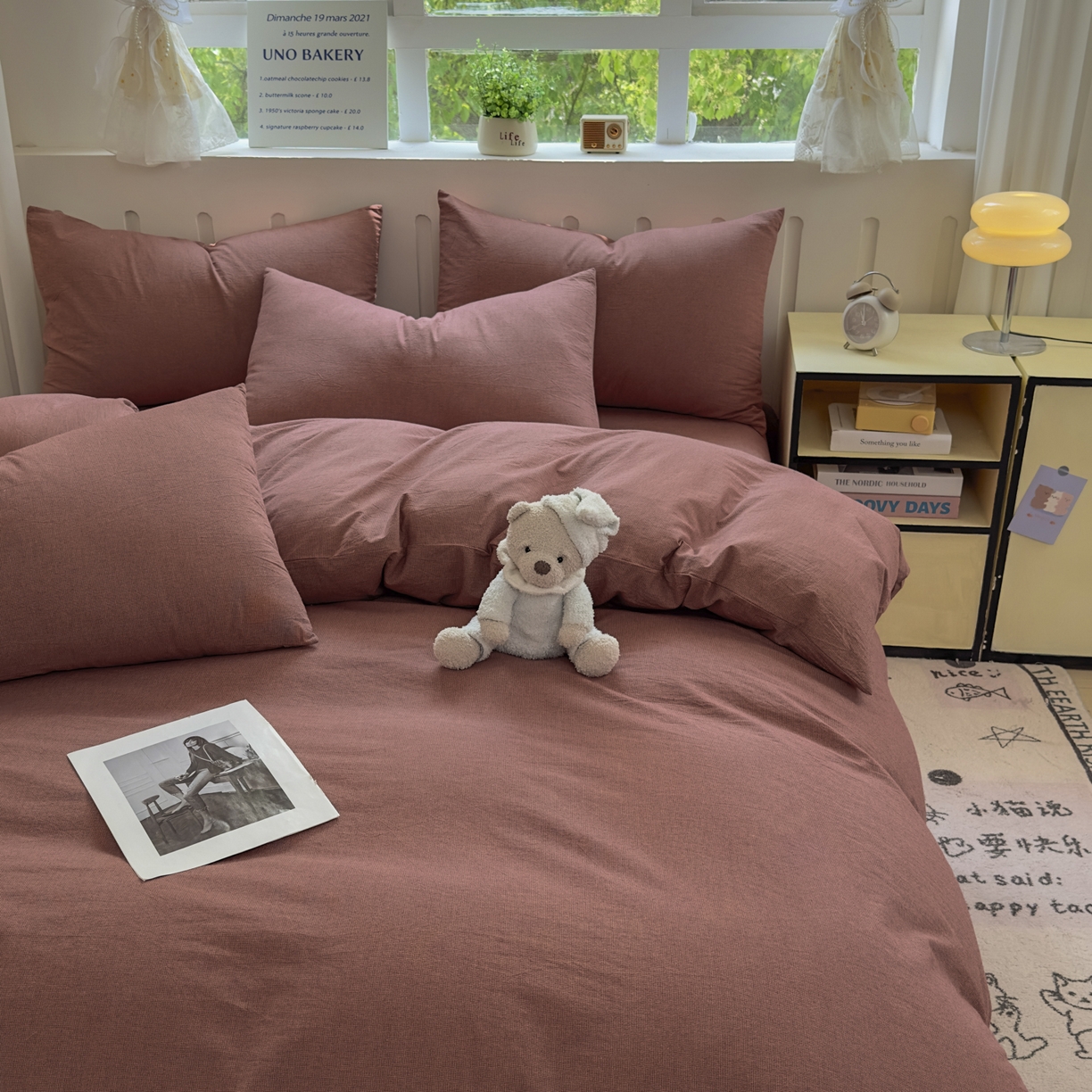 91家纺网 家纺一手货源 找家纺 宜家坊 2025新款A类全棉色织水洗棉四件套纯棉格子纯色被套学生宿舍三件套定制定做 纯棉素-红