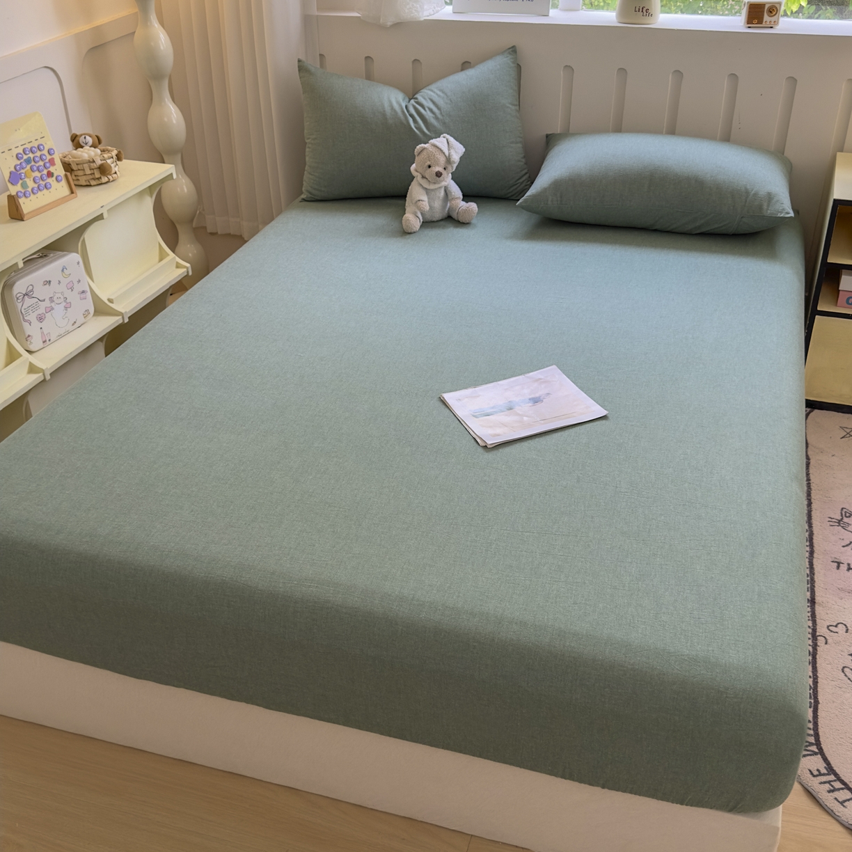 91家纺网 家纺一手货源 找家纺 宜家坊 2025新款A类色织全棉水洗棉床单单件纯棉格子纯色学生宿舍定制定做 纯色-草绿