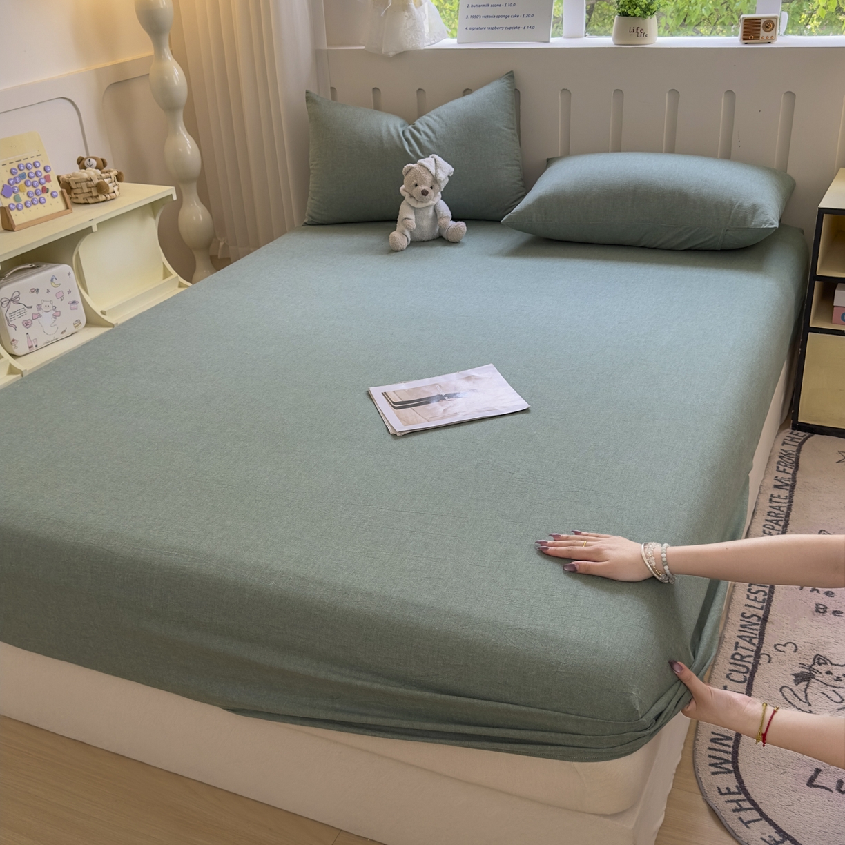 91家纺网 家纺一手货源 找家纺 宜家坊 2025新款A类色织全棉水洗棉床单单件纯棉格子纯色学生宿舍定制定做 纯色-草绿