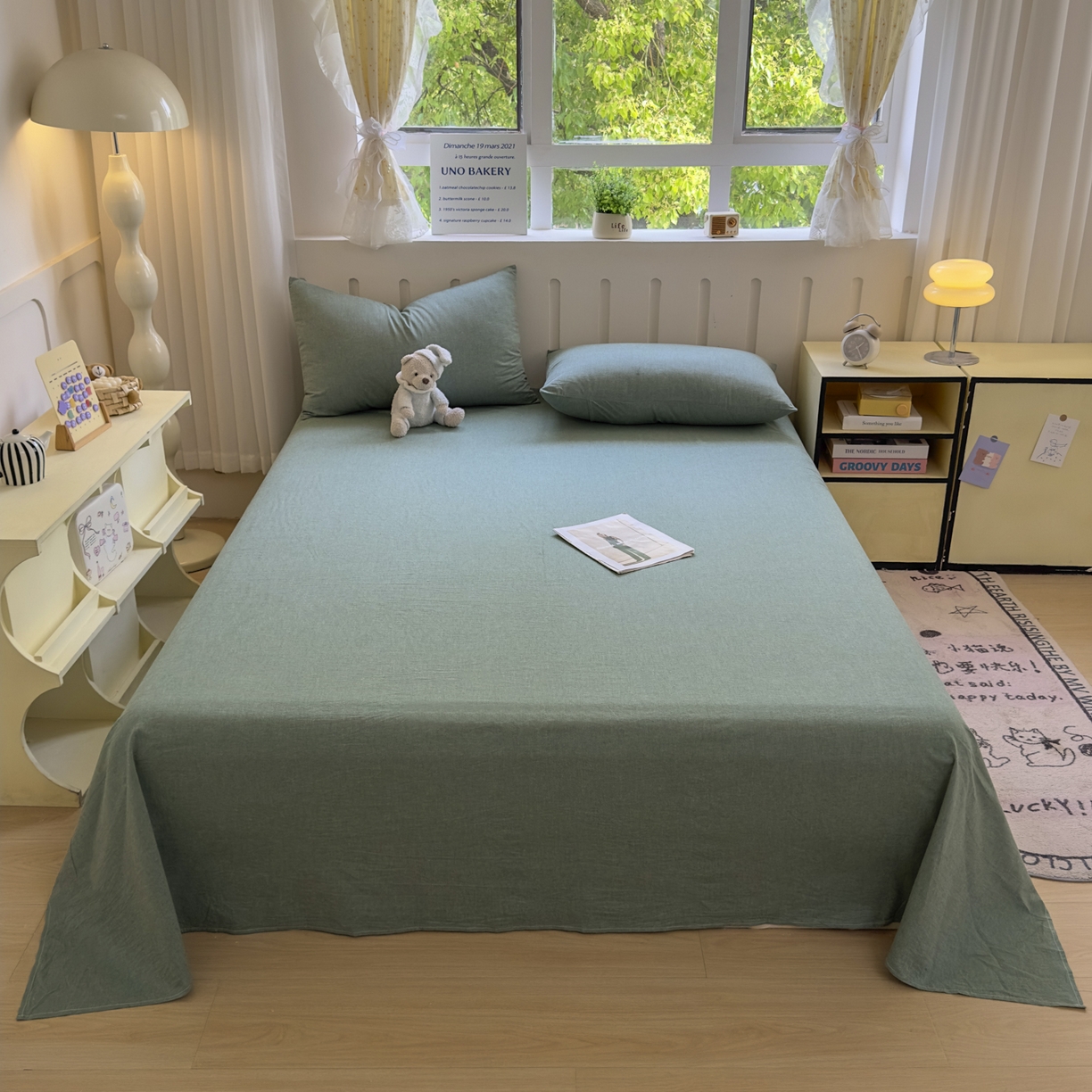 91家纺网 家纺一手货源 找家纺 宜家坊 2025新款A类色织全棉水洗棉床单单件纯棉格子纯色学生宿舍定制定做 纯色-草绿