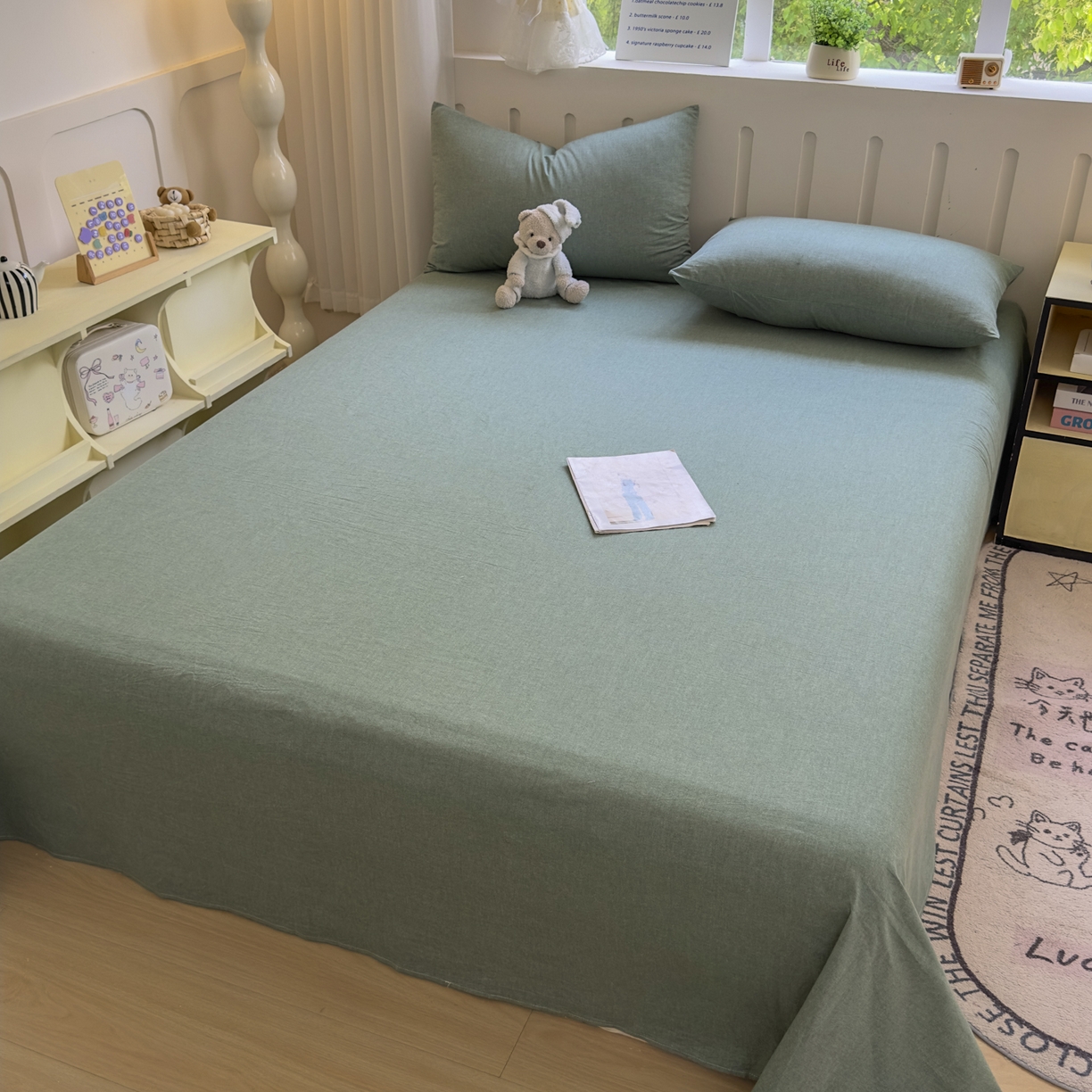 91家纺网 家纺一手货源 找家纺 宜家坊 2025新款A类色织全棉水洗棉床单单件纯棉格子纯色学生宿舍定制定做 纯色-草绿