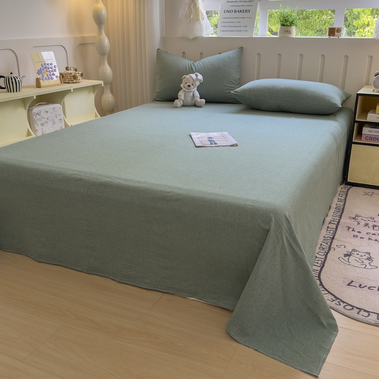 91家纺网 家纺一手货源 找家纺 宜家坊 2025新款A类色织全棉水洗棉床单单件纯棉格子纯色学生宿舍定制定做 纯色-草绿