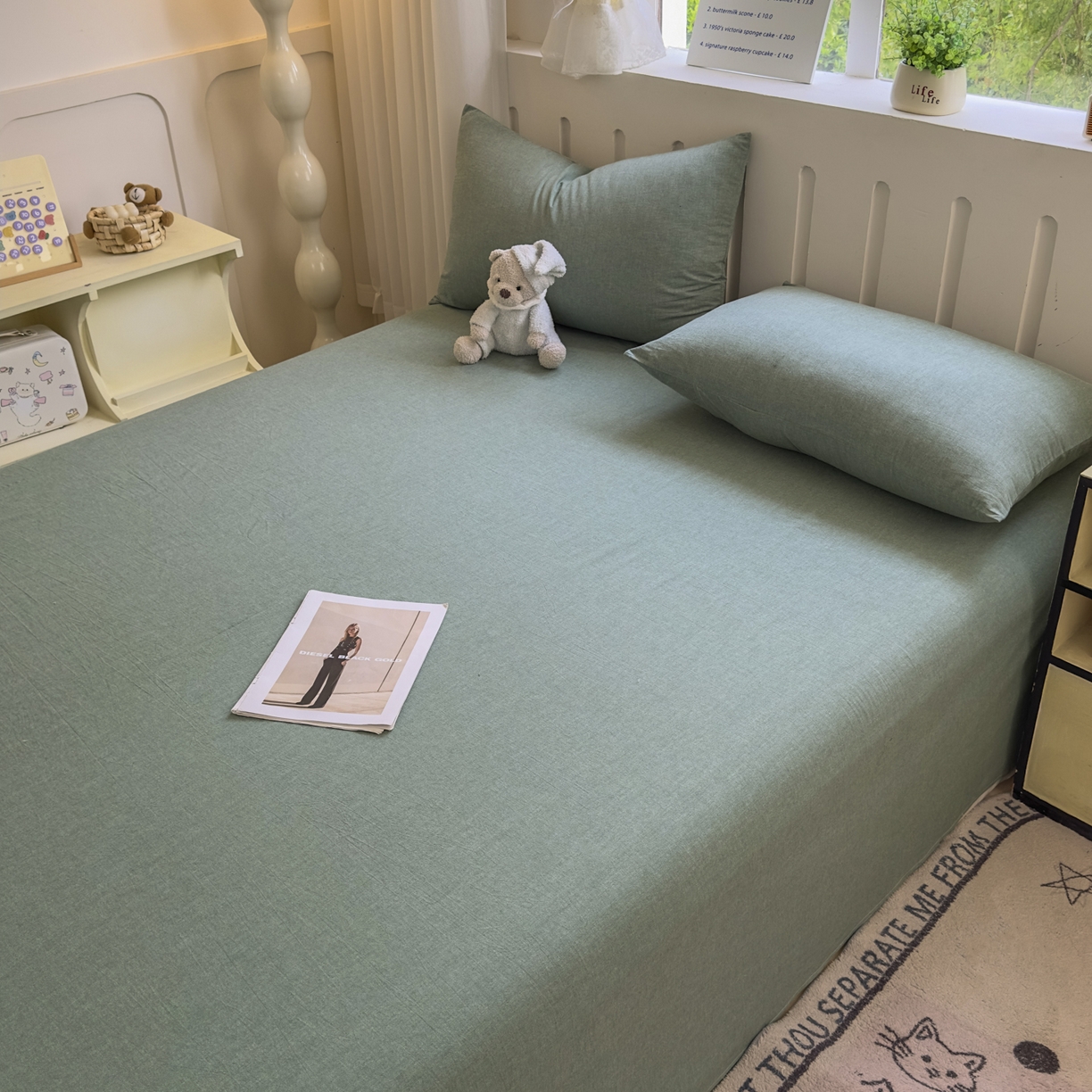 91家纺网 家纺一手货源 找家纺 宜家坊 2025新款A类色织全棉水洗棉床单单件纯棉格子纯色学生宿舍定制定做 纯色-草绿