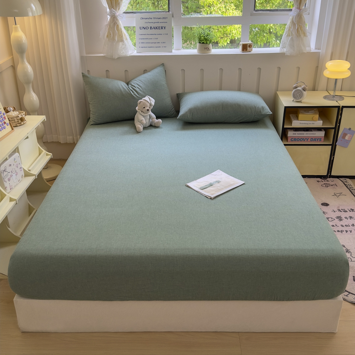 91家纺网 家纺一手货源 找家纺 宜家坊 2025新款A类色织全棉水洗棉床单单件纯棉格子纯色学生宿舍定制定做 纯色-草绿