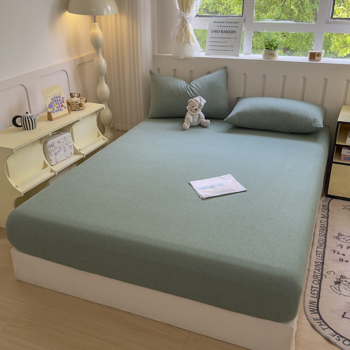 91家纺网 家纺一手货源 找家纺 宜家坊 2025新款A类色织全棉水洗棉床单单件纯棉格子纯色学生宿舍定制定做 纯色-草绿