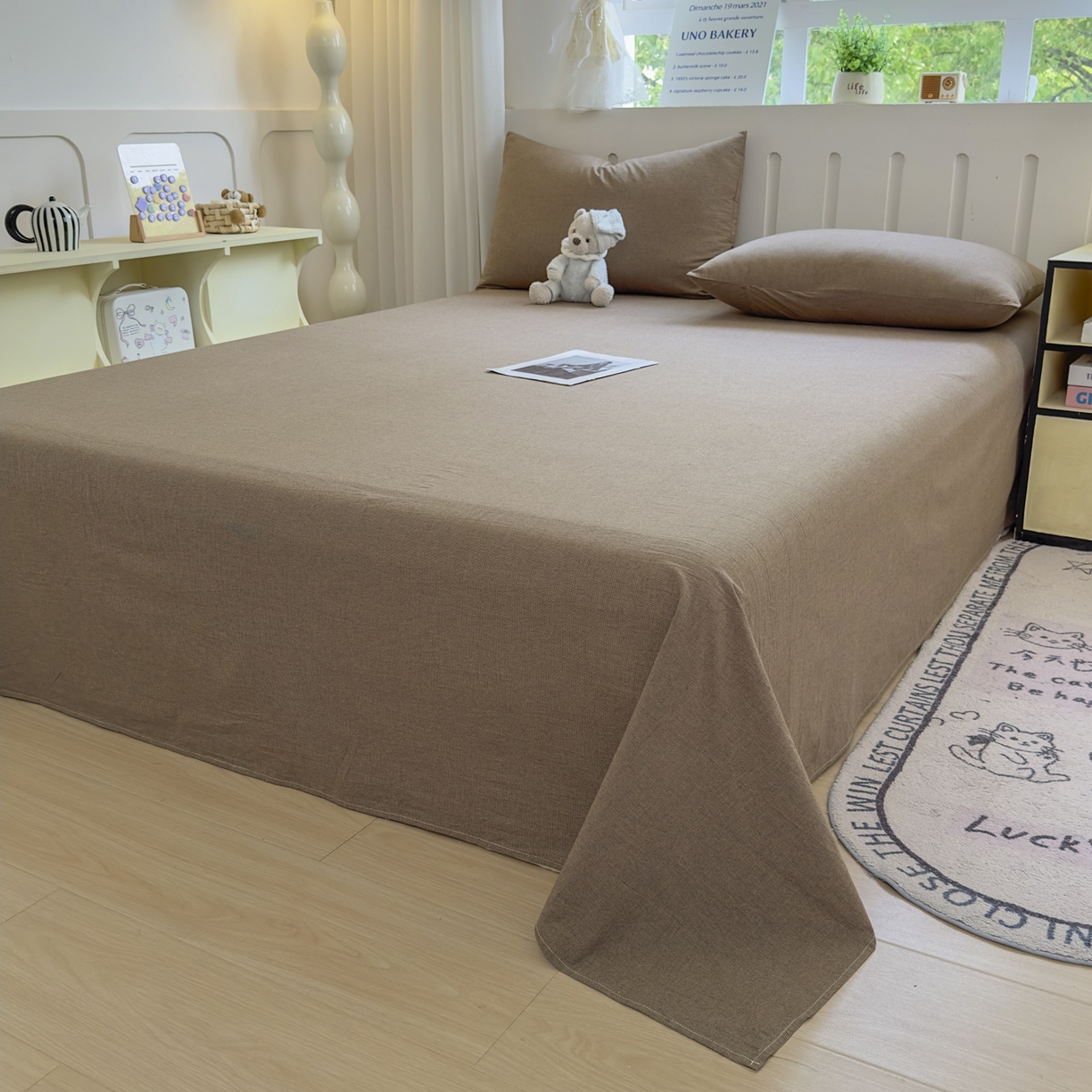 91家纺网 家纺一手货源 找家纺 宜家坊 2025新款A类全棉色织水洗棉四件套纯棉格子纯色被套学生宿舍三件套定制定做 纯棉素-咖