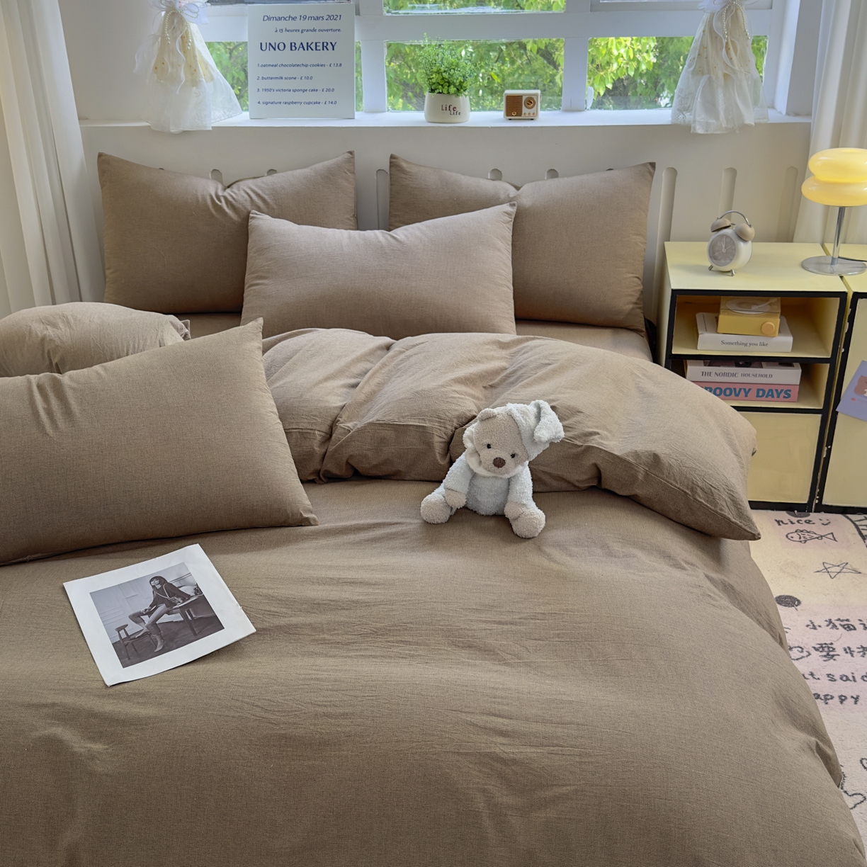 91家纺网 家纺一手货源 找家纺 宜家坊 2025新款A类全棉色织水洗棉四件套纯棉格子纯色被套学生宿舍三件套定制定做 纯棉素-咖