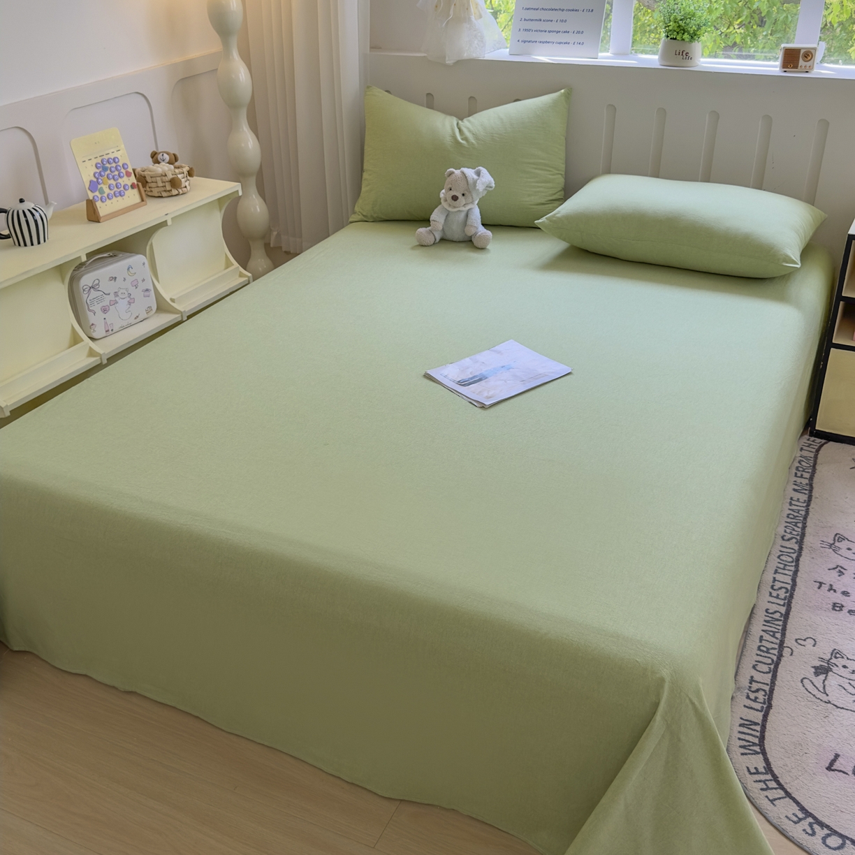 91家纺网 家纺一手货源 找家纺 宜家坊 2025新款A类色织全棉水洗棉床单单件纯棉格子纯色学生宿舍定制定做 纯色-果绿