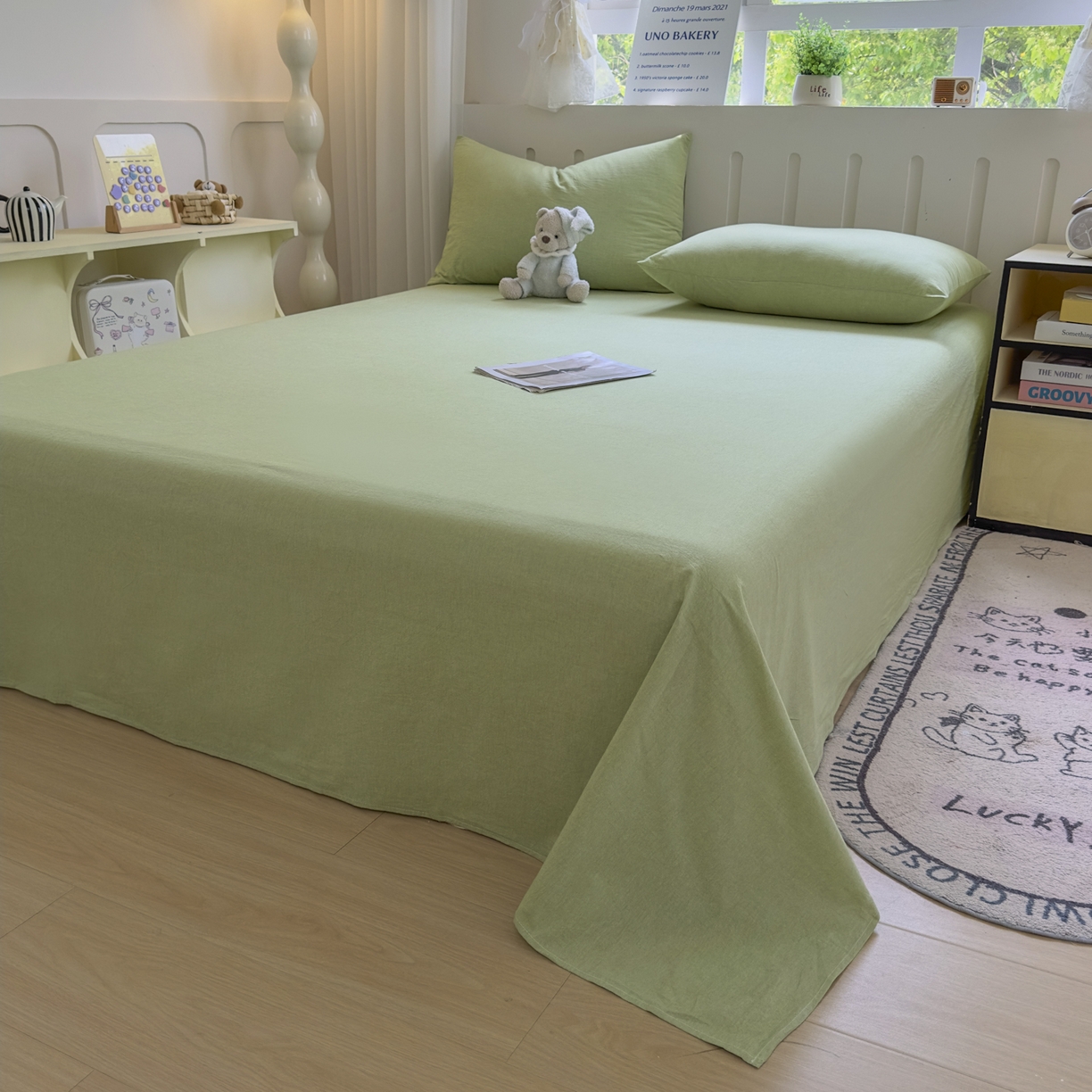 91家纺网 家纺一手货源 找家纺 宜家坊 2025新款A类色织全棉水洗棉床单单件纯棉格子纯色学生宿舍定制定做 纯色-果绿