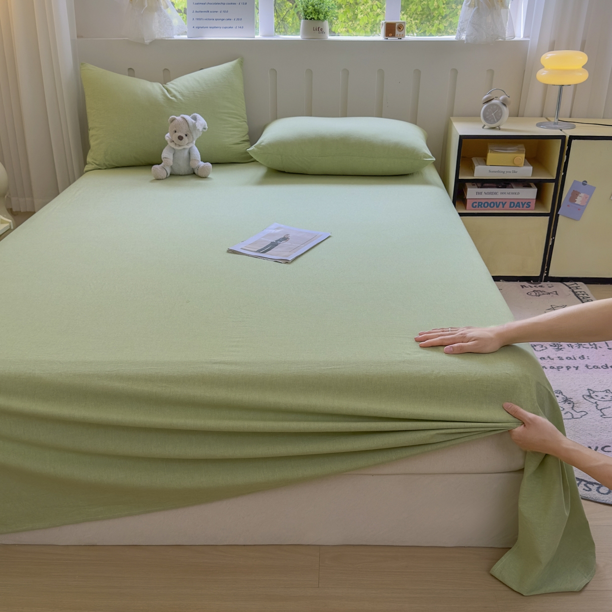 91家纺网 家纺一手货源 找家纺 宜家坊 2025新款A类色织全棉水洗棉床单单件纯棉格子纯色学生宿舍定制定做 纯色-果绿