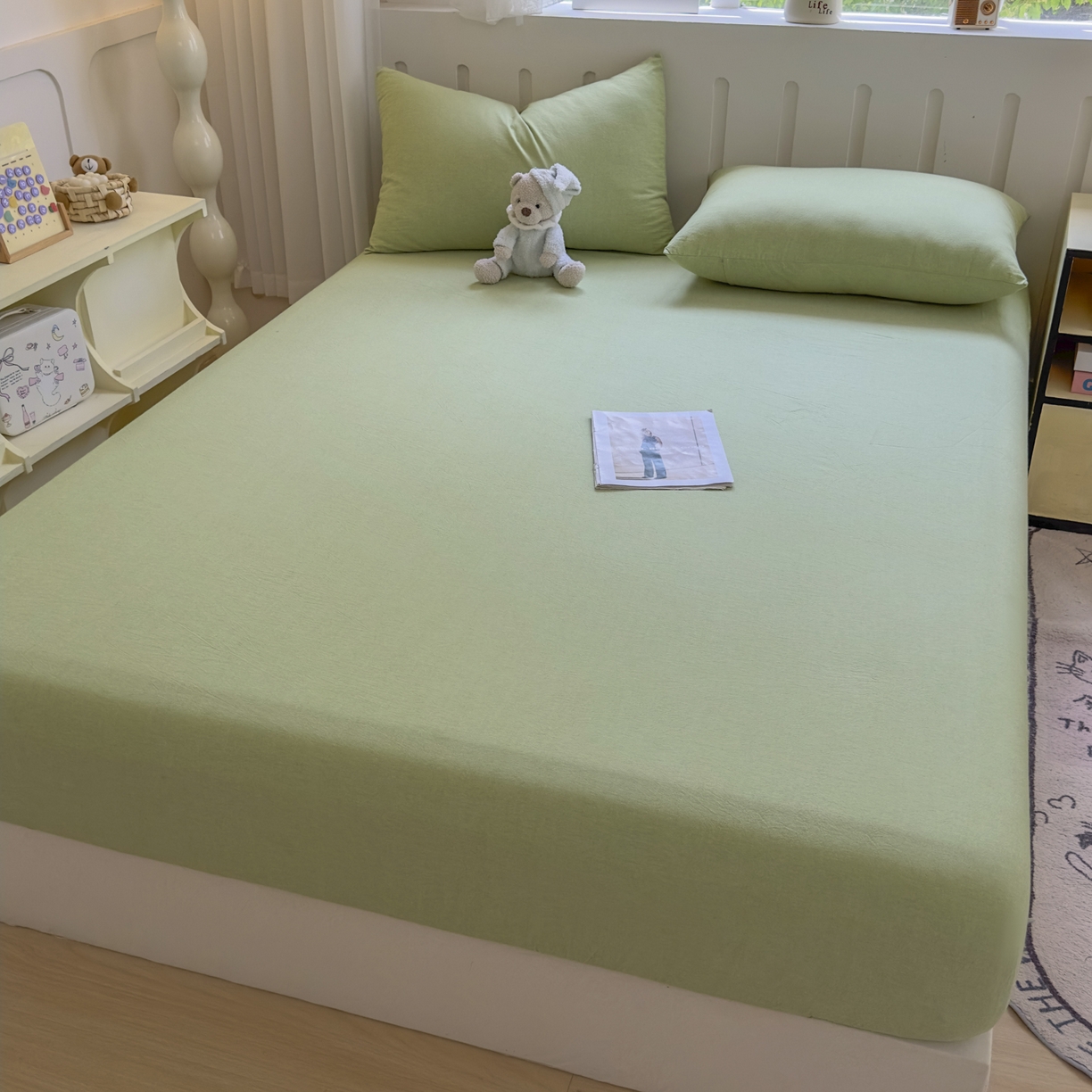 91家纺网 家纺一手货源 找家纺 宜家坊 2025新款A类色织全棉水洗棉床单单件纯棉格子纯色学生宿舍定制定做 纯色-果绿