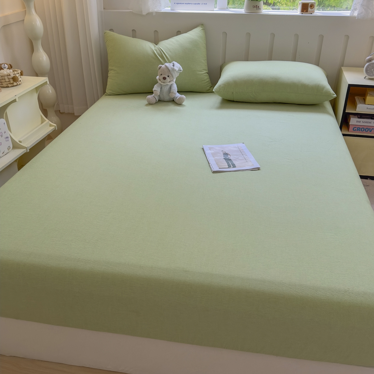 91家纺网 家纺一手货源 找家纺 宜家坊 2025新款A类色织全棉水洗棉床单单件纯棉格子纯色学生宿舍定制定做 纯色-果绿