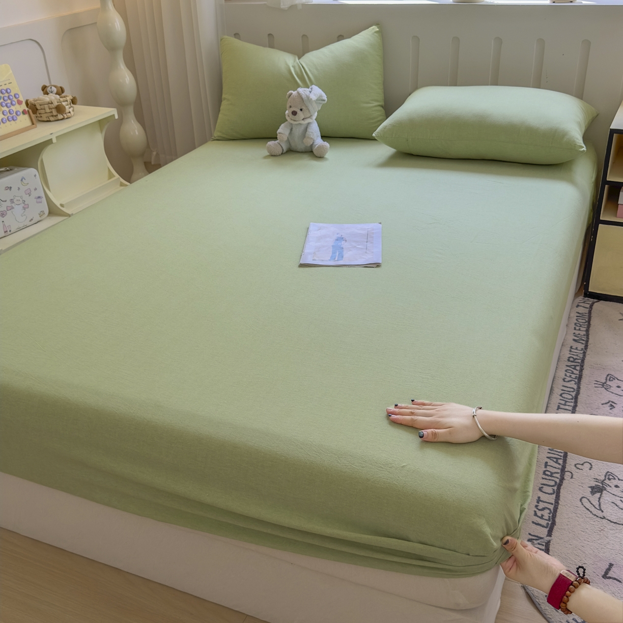 91家纺网 家纺一手货源 找家纺 宜家坊 2025新款A类色织全棉水洗棉床单单件纯棉格子纯色学生宿舍定制定做 纯色-果绿