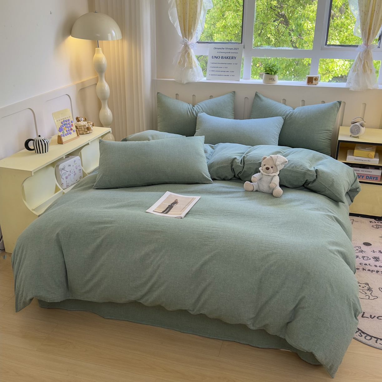 91家纺网 家纺一手货源 找家纺 宜家坊 2025新款A类全棉色织水洗棉四件套纯棉格子纯色被套学生宿舍三件套定制定做 纯色-草绿