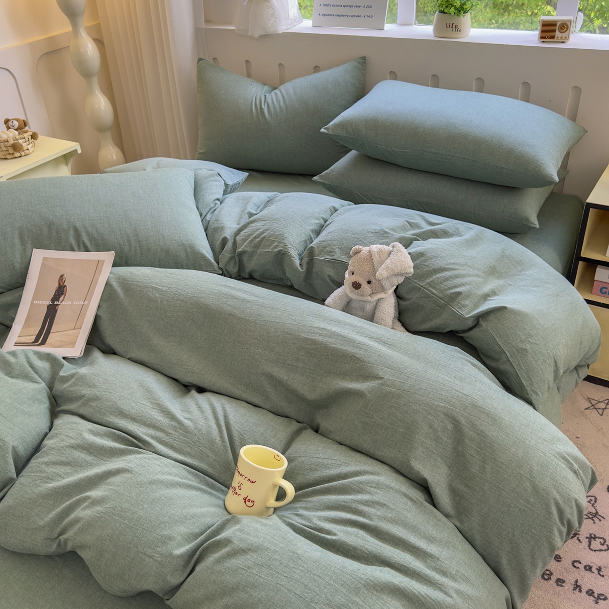 91家纺网 家纺一手货源 找家纺 宜家坊 2025新款A类全棉色织水洗棉四件套纯棉格子纯色被套学生宿舍三件套定制定做 纯色-草绿