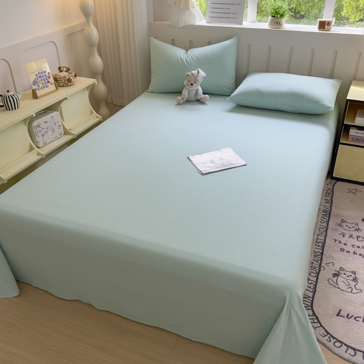 91家纺网 家纺一手货源 找家纺 宜家坊 2025新款A类色织全棉水洗棉床单单件纯棉格子纯色学生宿舍定制定做 纯色-湖蓝