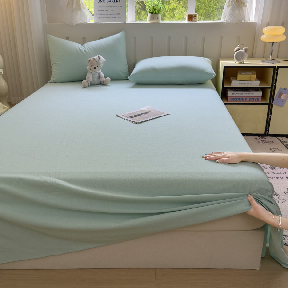 91家纺网 家纺一手货源 找家纺 宜家坊 2025新款A类色织全棉水洗棉床单单件纯棉格子纯色学生宿舍定制定做 纯色-湖蓝