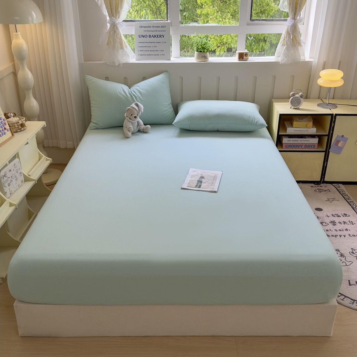 91家纺网 家纺一手货源 找家纺 宜家坊 2025新款A类色织全棉水洗棉床单单件纯棉格子纯色学生宿舍定制定做 纯色-湖蓝