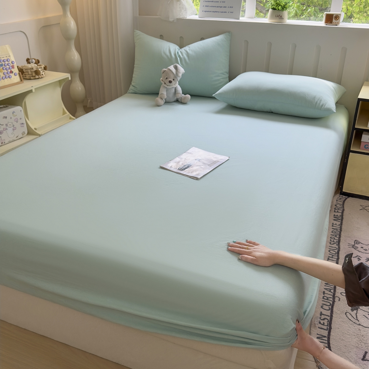 91家纺网 家纺一手货源 找家纺 宜家坊 2025新款A类色织全棉水洗棉床单单件纯棉格子纯色学生宿舍定制定做 纯色-湖蓝