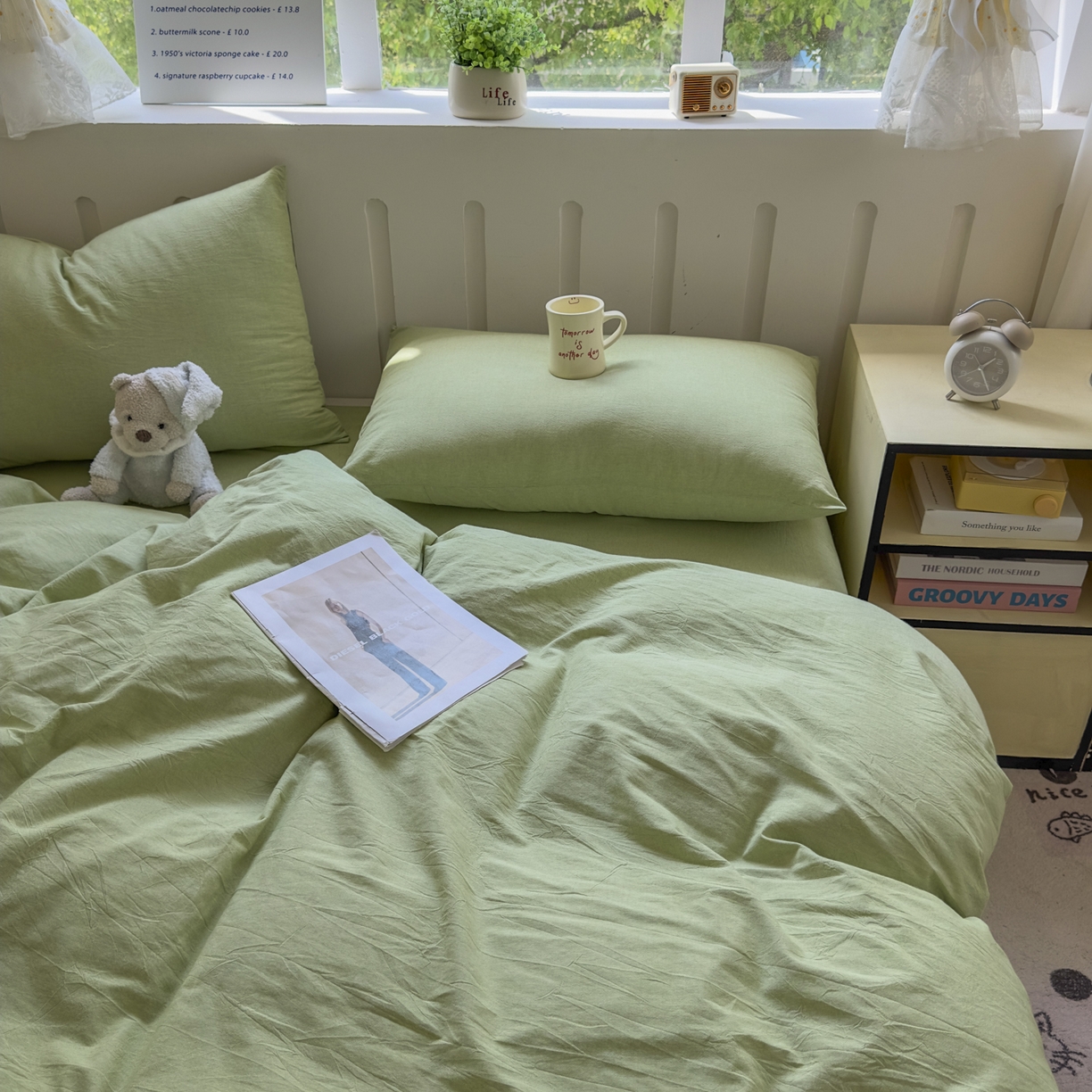 91家纺网 家纺一手货源 找家纺 宜家坊 2025新款A类全棉色织水洗棉四件套纯棉格子纯色被套学生宿舍三件套定制定做 纯色-果绿