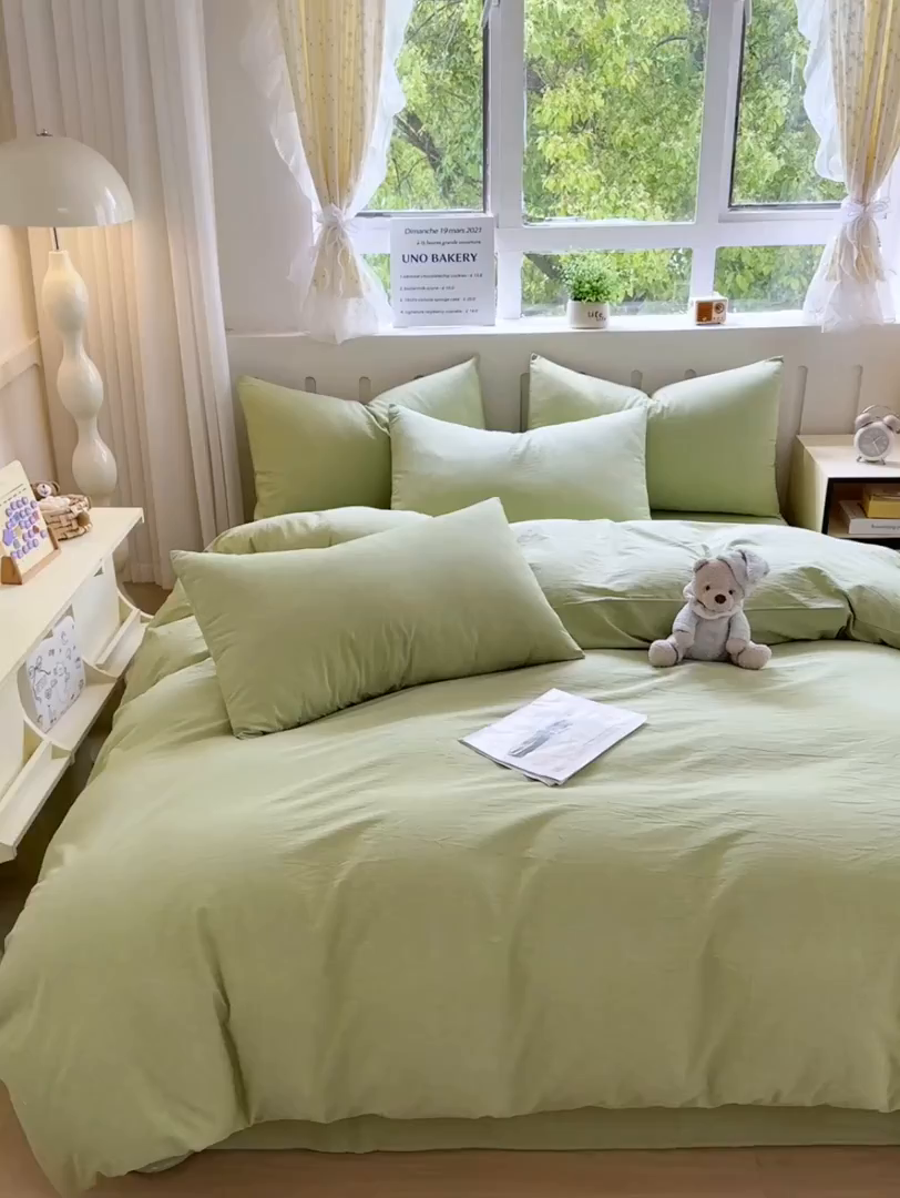 91家纺网 家纺一手货源 找家纺 宜家坊 2025新款A类全棉色织水洗棉四件套纯棉格子纯色被套学生宿舍三件套定制定做 纯色-果绿