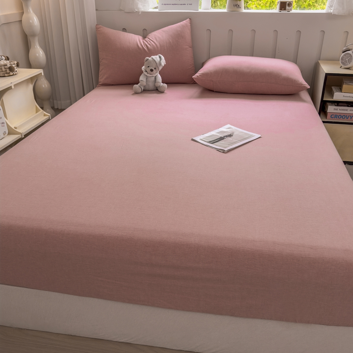 91家纺网 家纺一手货源 找家纺 宜家坊 2025新款A类色织全棉水洗棉床单单件纯棉格子纯色学生宿舍定制定做 纯色-藕粉