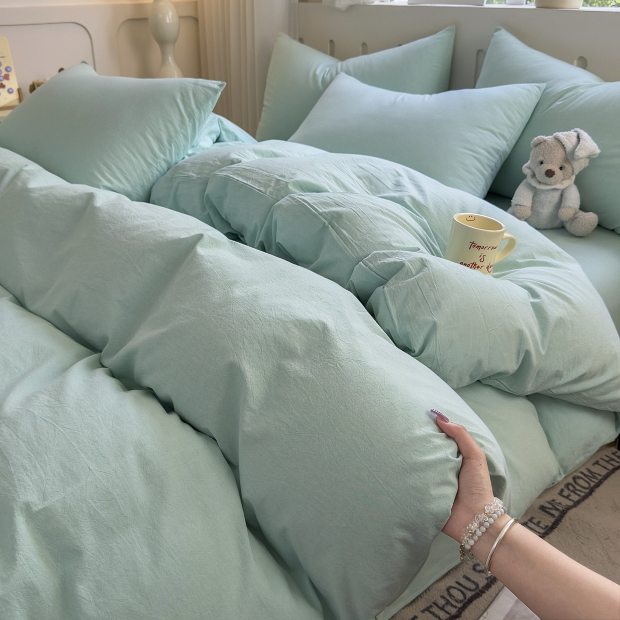 91家纺网 家纺一手货源 找家纺 宜家坊 2025新款A类全棉色织水洗棉四件套纯棉格子纯色被套学生宿舍三件套定制定做 纯色-湖蓝