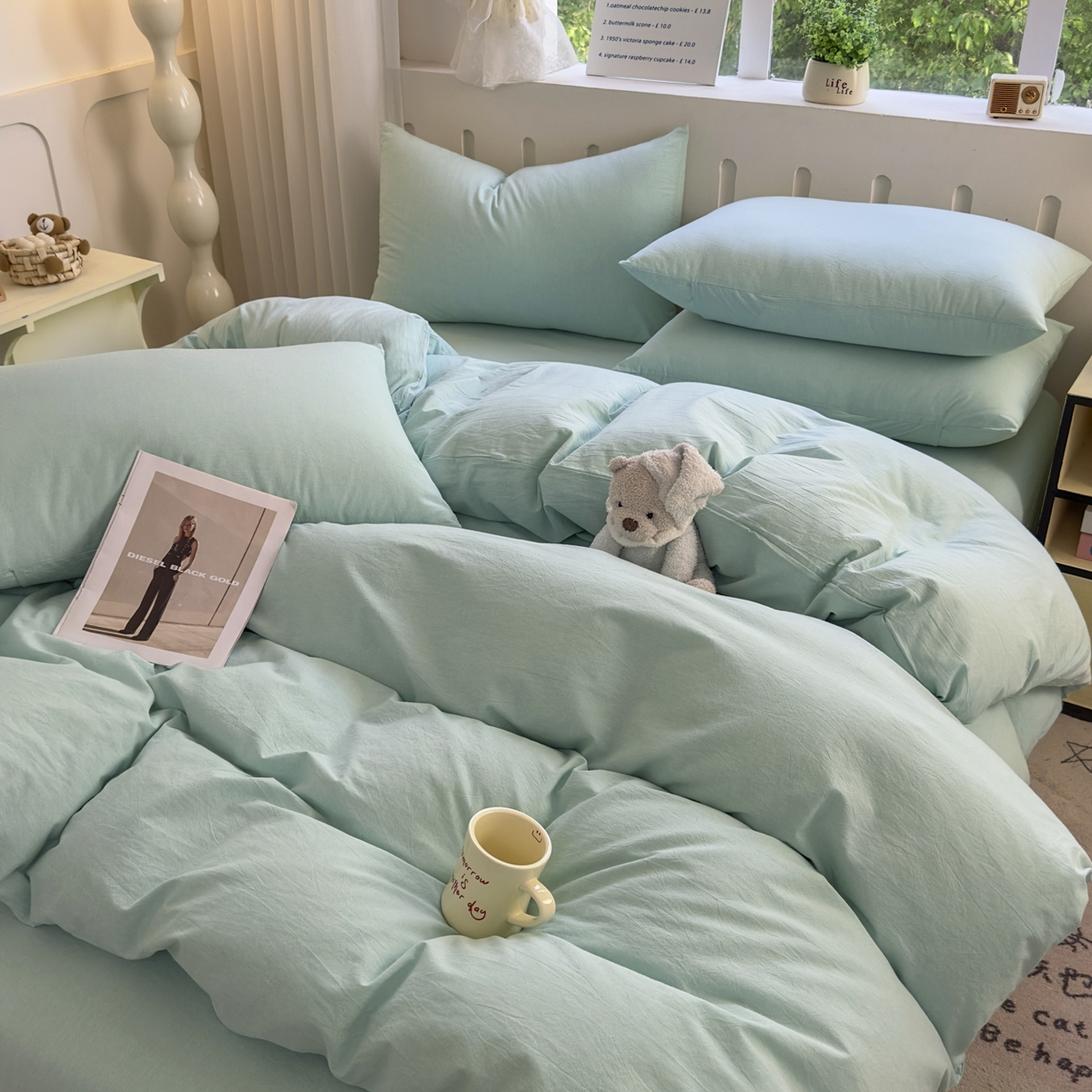 91家纺网 家纺一手货源 找家纺 宜家坊 2025新款A类全棉色织水洗棉四件套纯棉格子纯色被套学生宿舍三件套定制定做 纯色-湖蓝