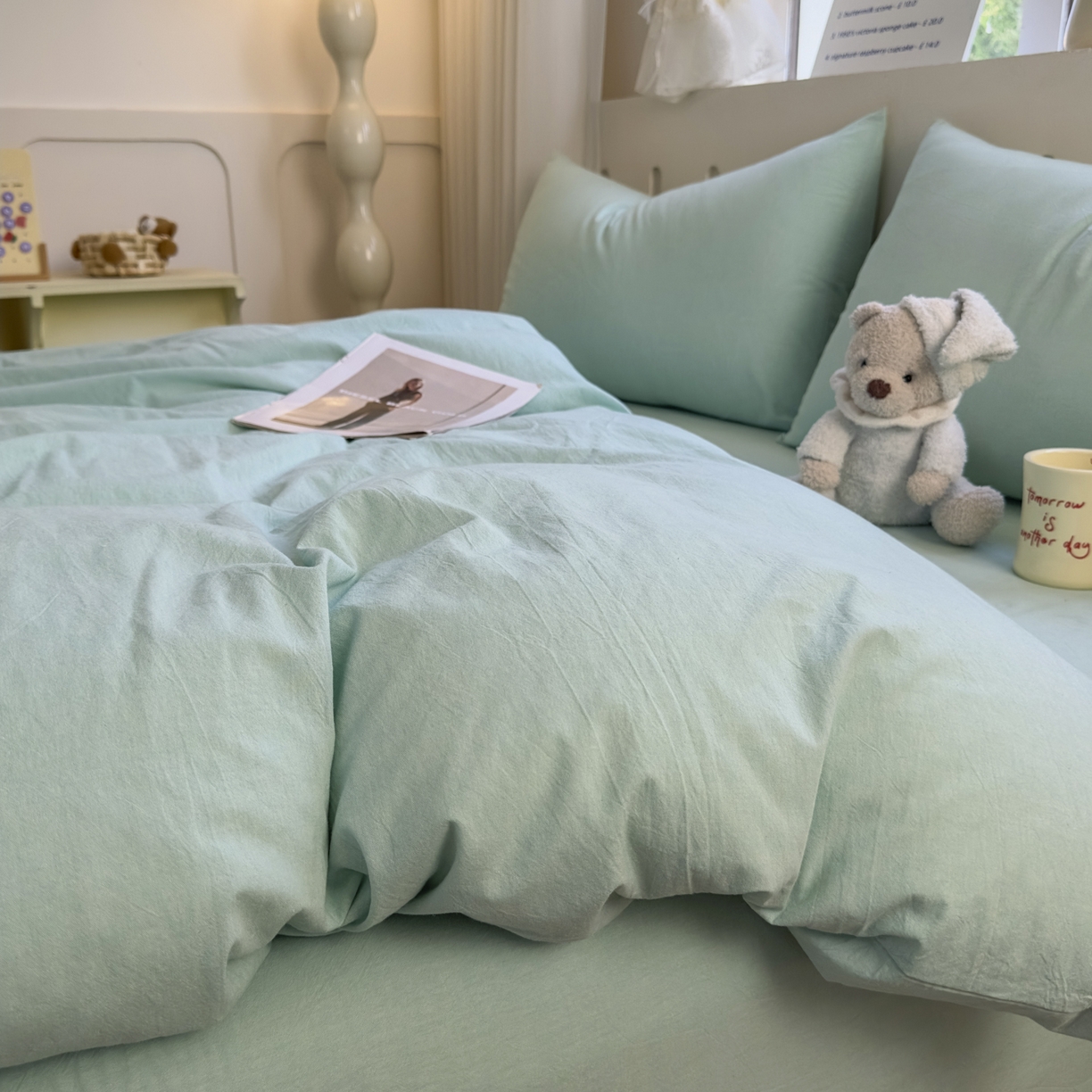 91家纺网 家纺一手货源 找家纺 宜家坊 2025新款A类全棉色织水洗棉四件套纯棉格子纯色被套学生宿舍三件套定制定做 纯色-湖蓝