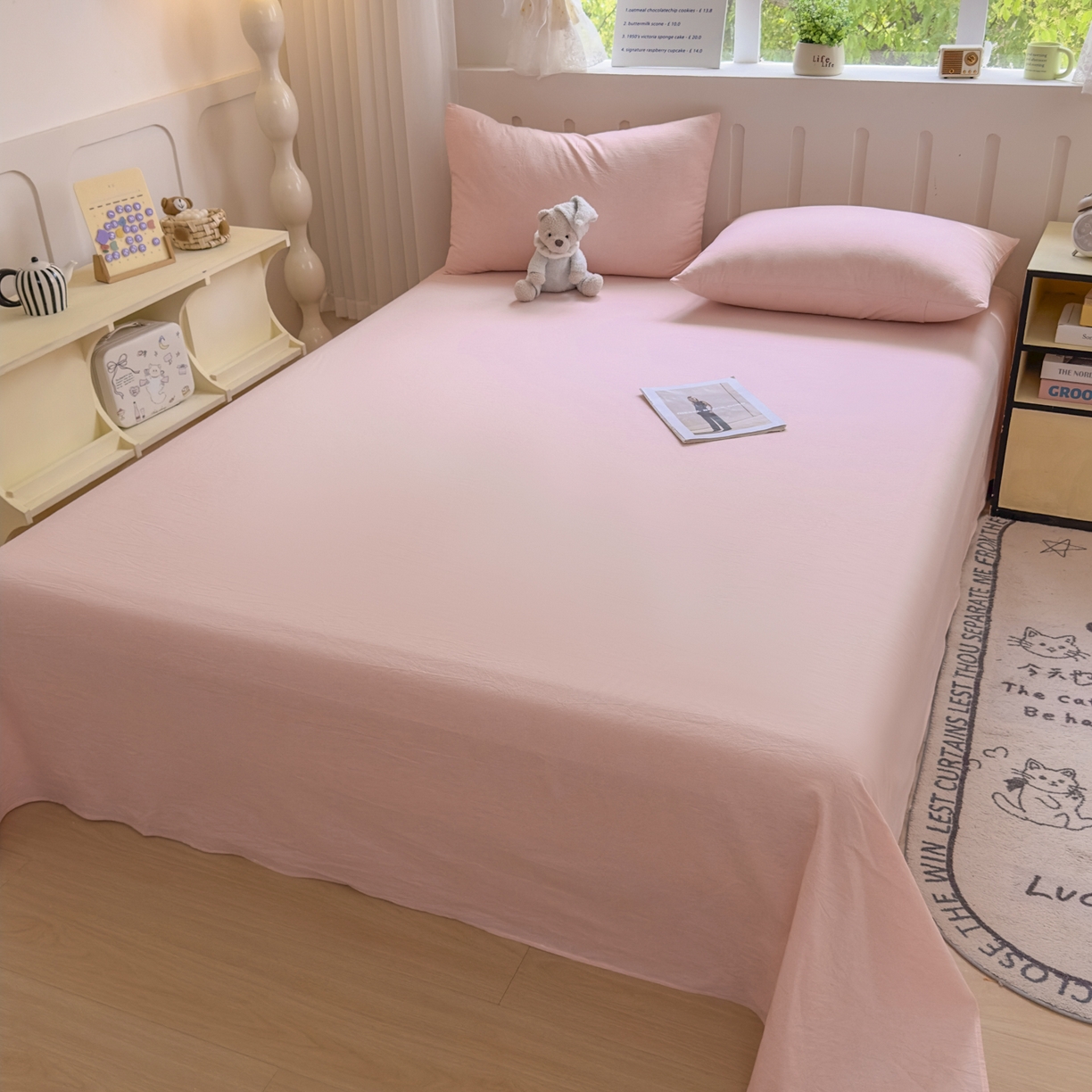 91家纺网 家纺一手货源 找家纺 宜家坊 2025新款A类色织全棉水洗棉床单单件纯棉格子纯色学生宿舍定制定做 纯色-浅粉