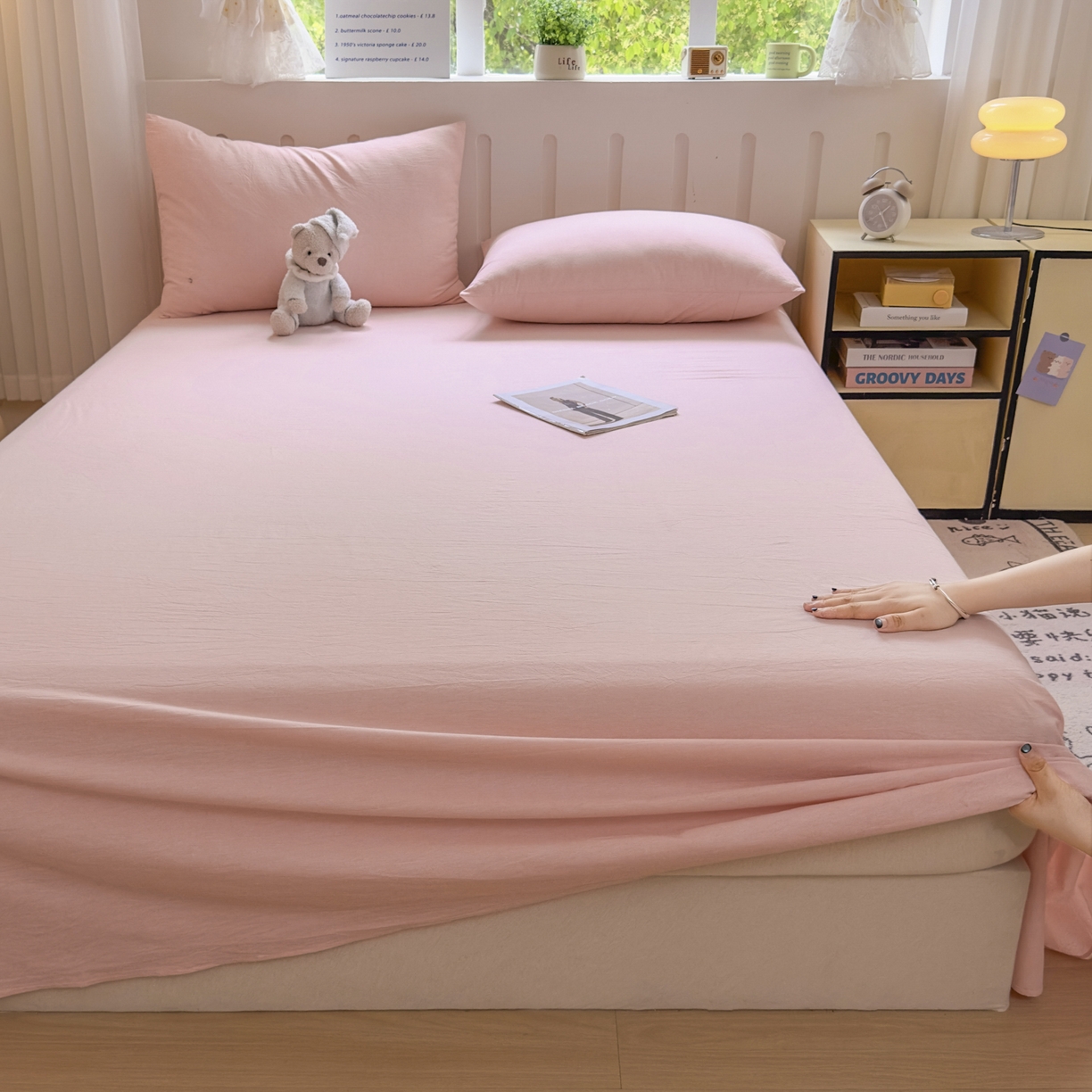 91家纺网 家纺一手货源 找家纺 宜家坊 2025新款A类色织全棉水洗棉床单单件纯棉格子纯色学生宿舍定制定做 纯色-浅粉