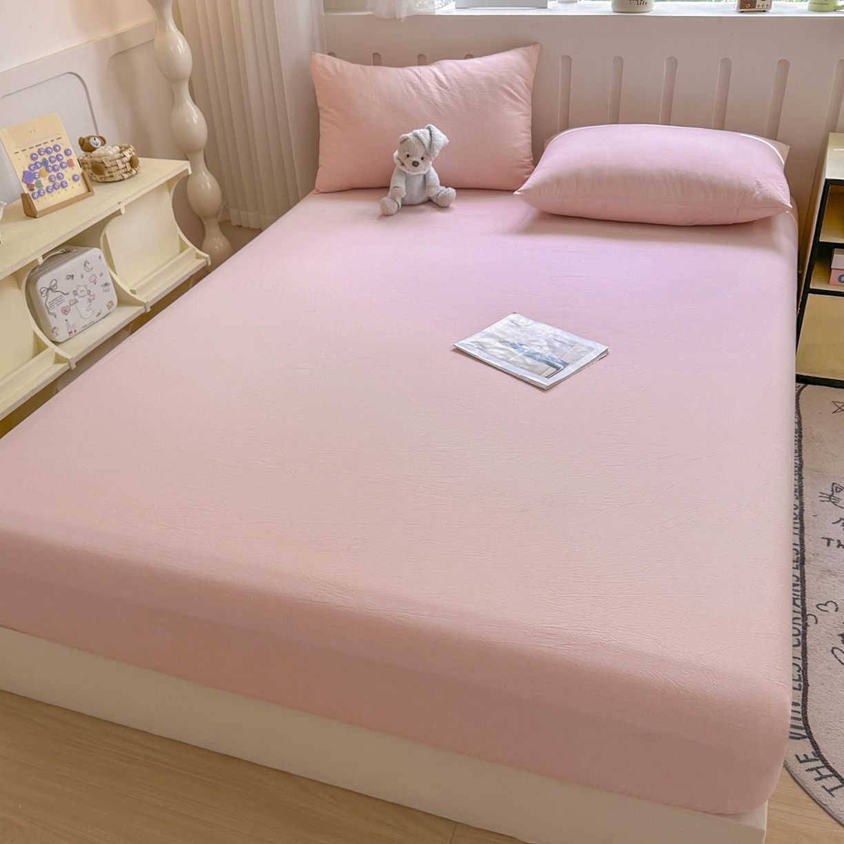 91家纺网 家纺一手货源 找家纺 宜家坊 2025新款A类色织全棉水洗棉床单单件纯棉格子纯色学生宿舍定制定做 纯色-浅粉