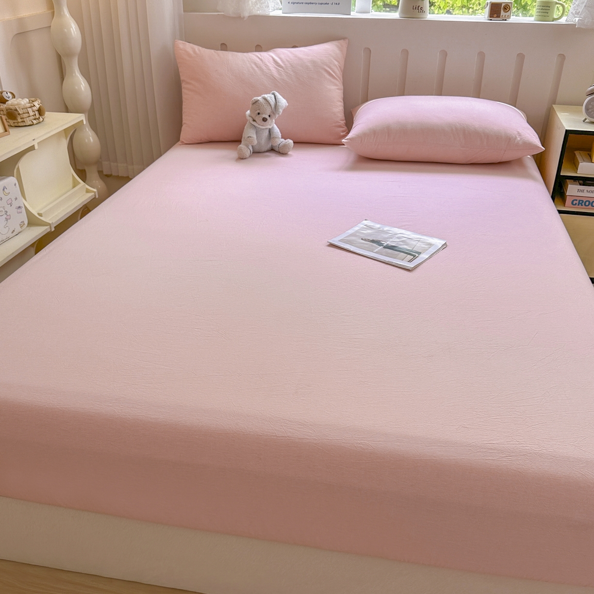 91家纺网 家纺一手货源 找家纺 宜家坊 2025新款A类色织全棉水洗棉床单单件纯棉格子纯色学生宿舍定制定做 纯色-浅粉